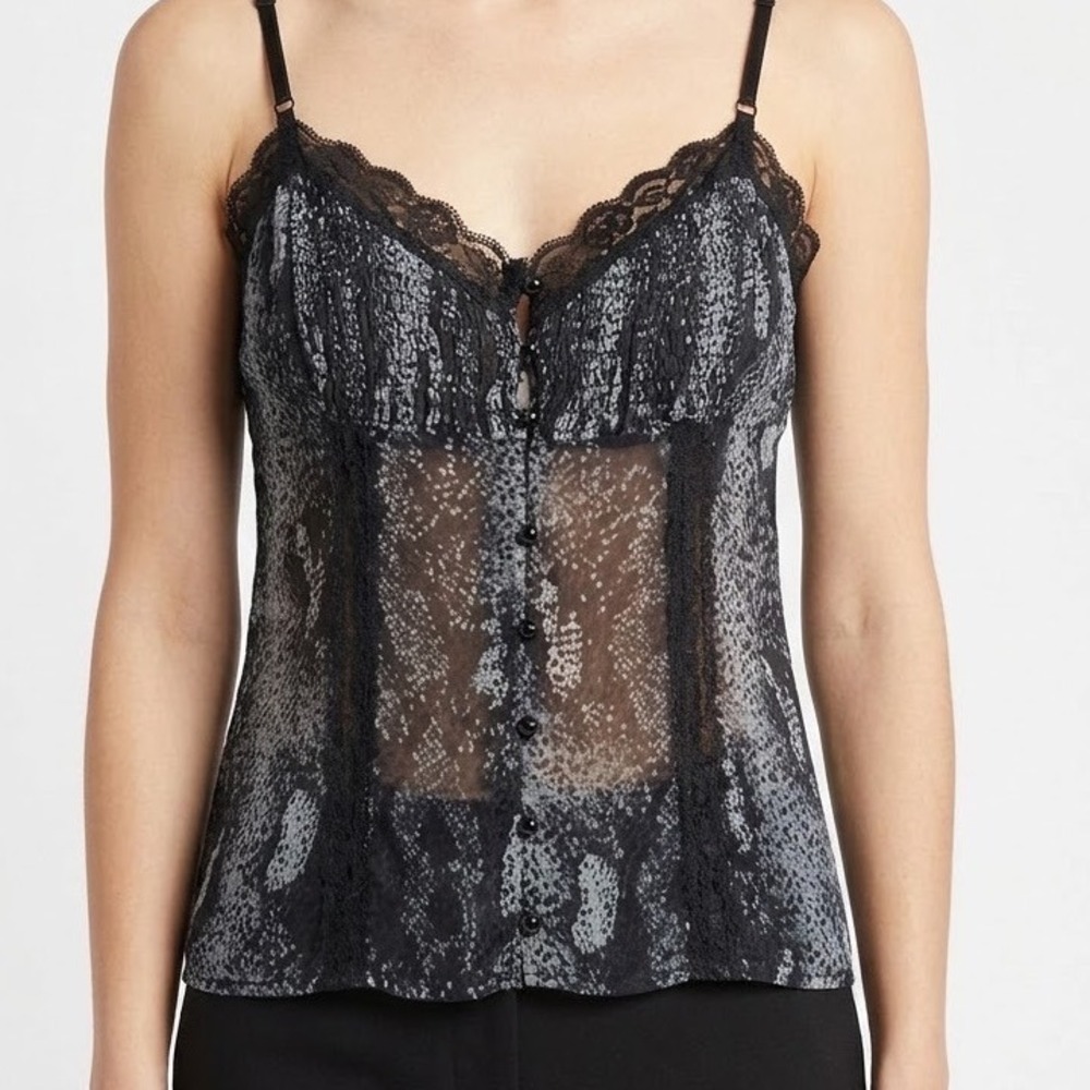 Guess Los Angeles Sheer Snakeskin Lace Trim Camisole Top Grey Black Large
